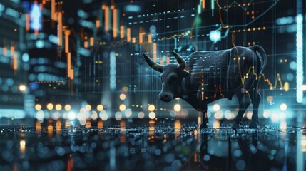 Digital bull sculpture on a futuristic cityscape with financial market graph, concept of a bull market.