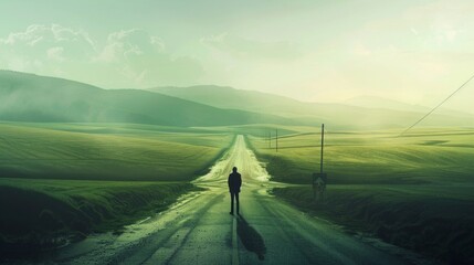 A lone figure walks down a country road through rolling hills at dawn, evoking solitude and contemplation. - obrazy, fototapety, plakaty