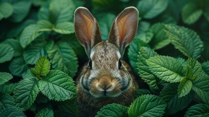 Flat lay of bunny rabbit ears made of natural green leaves on a bright background. Easter minimal concept.