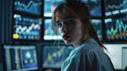 Focused young woman working in high-tech control room with multiple computer monitors displaying graphs and data analysis. Technology and innovation in modern workplace.
