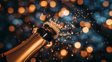 A champagne bottle pops with a dynamic spray of bubbles and droplets, capturing the essence of celebration. - obrazy, fototapety, plakaty