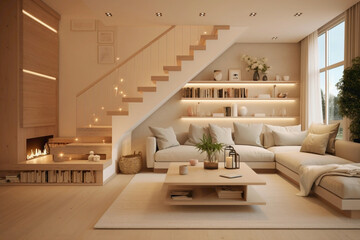 Scandinavian-style living room with beige staircase, soft lighting, and a comfortable ambiance.