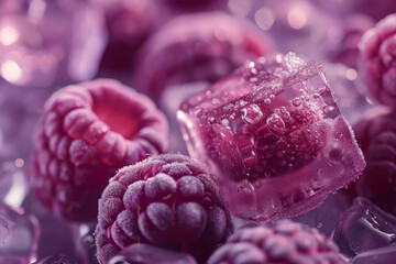 Ice cubes and raspberries on dark background.