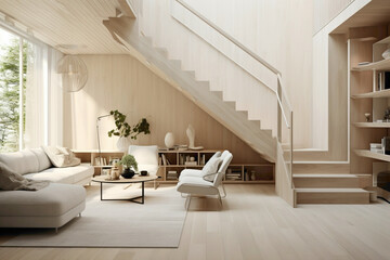 Fototapeta na wymiar A harmonious blend of light and shadow accentuates the natural beauty of a beige staircase, embodying the essence of Scandinavian design.