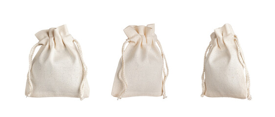 Textile bags set, eco pack mockup. Natural fabric linen sack isolated on white