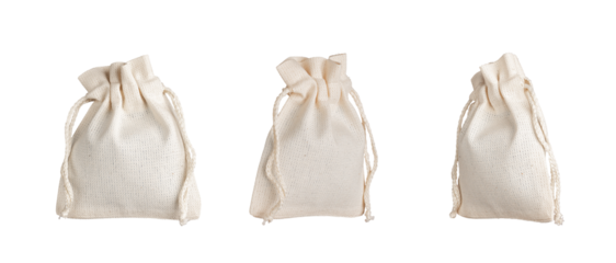 Textile bags set, eco pack mockup. Natural fabric linen sack isolated on white
