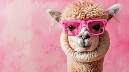 Fotobehang Pink alpaca wearing pink sunglasses on pink background © John