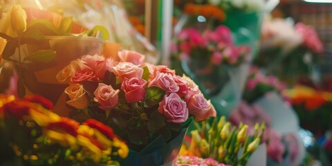Bouquet of colorful roses displayed at a vibrant flower market stall.