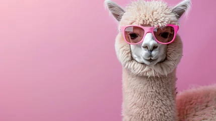 Fensteraufkleber Pink alpaca wearing pink sunglasses on pink background © John