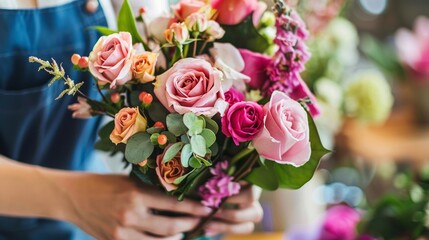 Hands of a florist expertly arranging a beautiful bouquet of mixed roses, capturing the art of floristry.