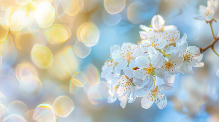 White Blossoms on Tree Branch with Golden Bokeh Light Background