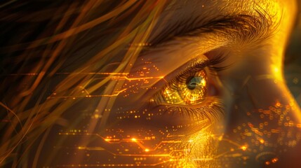 Close-up of a human eye overlaid with golden digital circuitry patterns, symbolizing technology and vision.