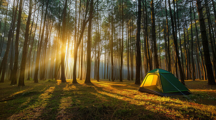 Camping Tent on a Lakeside at Sunrise Among Pine Trees