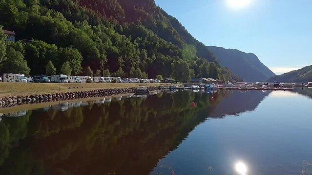 Panoramic view in the morning at the Telemark Canal (Telemarkskanalen), and camping at the lake Bandak, Dalen - South Norway