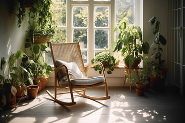 Step into a Scandinavian oasis where a wooden chair, a lively plant, and an empty frame beckon your creativity and imagination.