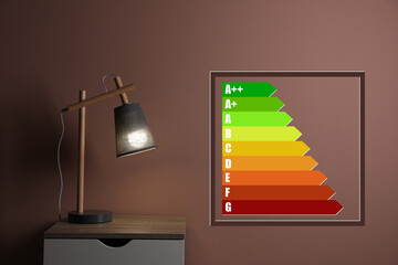 Energy efficiency rating label and lamp on wooden bedside table near brown wall indoors