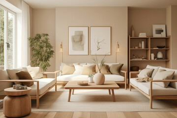 Fototapeta na wymiar A welcoming Scandinavian-inspired living room featuring warm beige accents, cozy seating arrangements, and natural wood finishes.