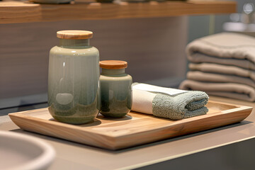Fototapeta na wymiar Herbal Shampoo Bottles and Plush Towel Arrangement on Wooden Tray - Spa Delight