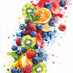Energetic splash of summer fruits in watercolor, featuring apples, blueberries, and cherries with vivid colors.