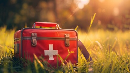A red first aid kit with a white cross placed in a sunlit field of grass, symbolizing health and preparedness.