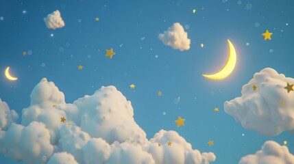A whimsical cloudscape featuring a golden crescent moon surrounded by stars on a blue sky.