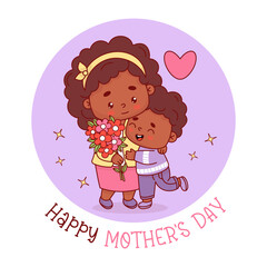 Cute black ethnic woman with boy son and bouquet flowers. Happy Mother's Day holiday card. Vector illustration flat cartoon style. Positive festive characters