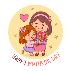 Cute woman with little girl daughter and bouquet of flowers. Mother's Day postcard. Vector illustration flat cartoon style. Positive holiday female character