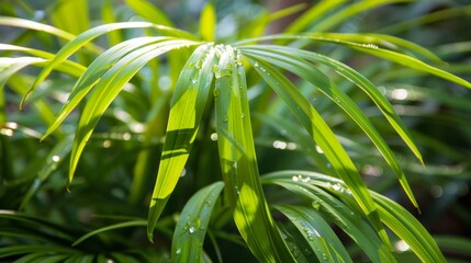A close-up of lush green palm leaves adorned with fresh raindrops shimmering in natural sunlight.