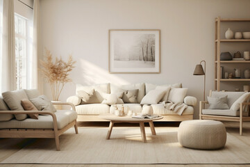 Fototapeta na wymiar A welcoming Scandinavian-inspired living room in calming beige shades, designed for relaxation and harmony with nature-inspired decor and textures.