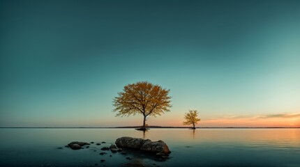 Undeniably single vivid crimson tree dropping leaves by peaceful mirrored waters at sundown  - obrazy, fototapety, plakaty