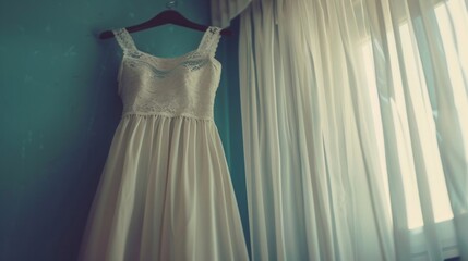 A graceful white wedding dress hangs against a soft blue wall, bathed in the gentle light of a peaceful room, waiting for the big day.