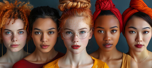 Concept of international women's day, mother's day. Portrait of a young multiethnic womans from around the world. Day for equal rights - obrazy, fototapety, plakaty