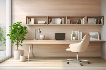 Home office with a sleek, beige desk and a comfortable chair. Natural light illuminates a minimalist bookshelf and a potted plant.