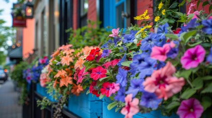 Vibrant flower boxes lining a city street sidewalk, enhancing urban beauty.