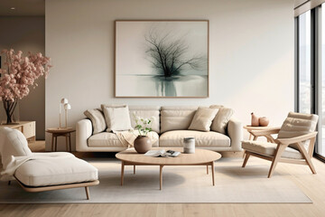 A modern Scandinavian living room adorned with neutral beige hues, sleek furniture, and a touch of understated elegance.