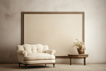 A cozy beige armchair sits beside a blank canvas, waiting for your inspiration.
