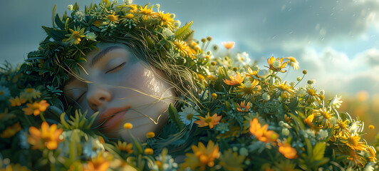 Beautiful girl in a wreath of daisies in the field. Mother Nature or Gaia. Portrait of mother Earth. World environment and mother earth day concept.