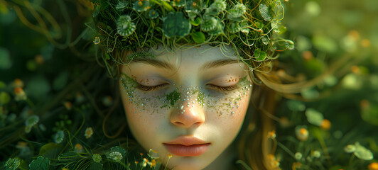Fantasy portrait of a beautiful girl with green flowers in her hair. Young woman with headdress, flowers and plants as decoration. Mother Nature or Gaia. Portrait of mother Earth. World environment.