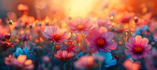 Cosmos flower in the meadow at sunset. Nature background. Happy Mother's Day, Women's Day or Birthday Banner.
