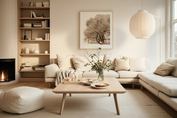 A serene Scandinavian living room bathed in soft beige hues, accented by minimalist furnishings, warm lighting, and natural accents.
