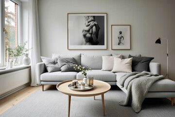 A chic Scandinavian living room adorned with neutral beige tones, accentuated by pops of muted color and modern decor pieces.