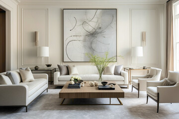 A drawing room with a neutral color palette of beige and soft gray. Mid-century modern furniture and abstract artwork lend a contemporary flair to the elegant space.