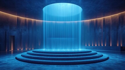  a room with a fountain in the middle of it and a blue light coming from the center of the room on the right side of the room is a set of stairs.