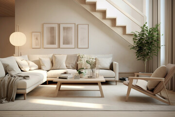 Fototapeta na wymiar Tranquil Scandinavian interior with a beige staircase, where simplicity meets sophistication in a harmonious ascent.