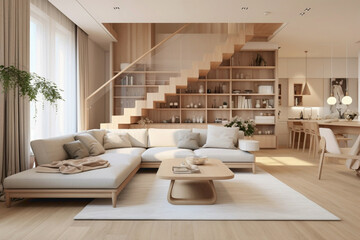 Modern Scandinavian design with beige staircase, wooden accents, and inviting living room.