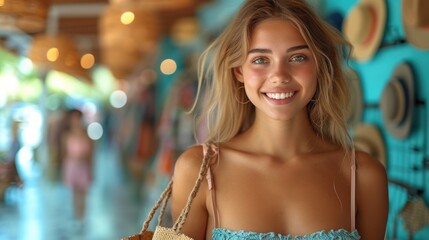  a woman in a blue dress holding a straw bag in front of a wall with plates on it and a straw bag in front of her shoulder and smiling at the camera.
