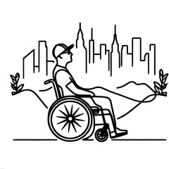 A man in a wheelchair against the background of the city skyline, one-line vector drawing, the concept of an accessible environment for all categories of the population.