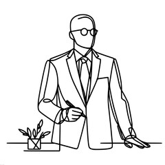 A man in a formal business suit, a teacher, a professor, at his desk, a businessman, single line vector drawing, black line on a white background.
