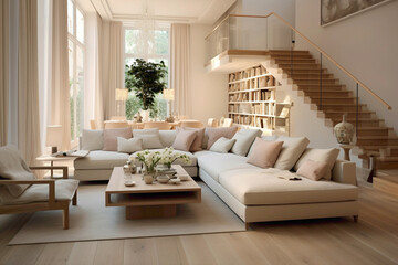 Scandinavian elegance in a living room with beige staircase, plush sofas, and natural light.