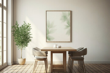 Amidst a Scandinavian living room, a lone chair with a verdant plant sits beside an empty frame,...